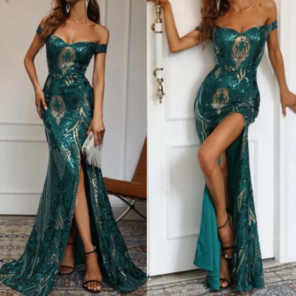 Elegant Teal Off-Shoulder Wedding Dress